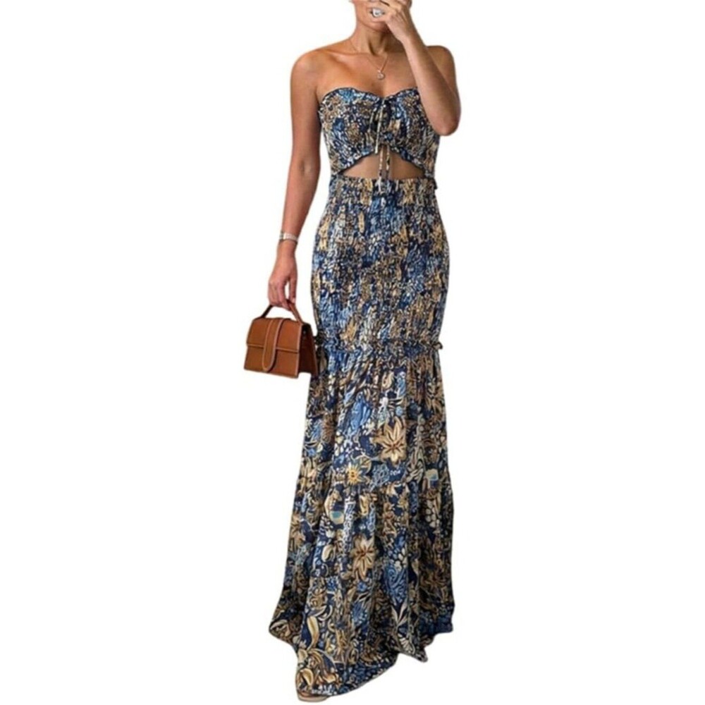 Floral Ruched Maxi Dress | Y2K Halter Mermaid Vacation Wedding Guest Dress